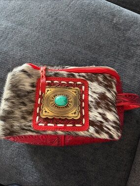 All Real leather, turquoise and cowhide Red Haircalf Zip Pouch